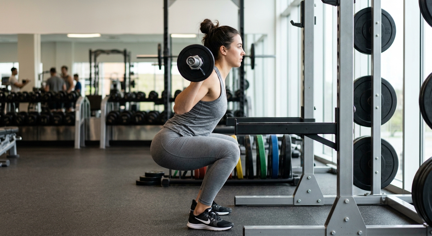Persoon voert kniebuis uit met halter, correct lichaamshouding en voetpositie zichtbaar in fitnessstudio.