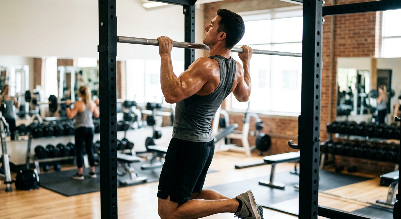 Een persoon voert een chin up uit aan een pull-up bar in een sportschool, gefotografeerd van opzij met zichtbare spieraanspan