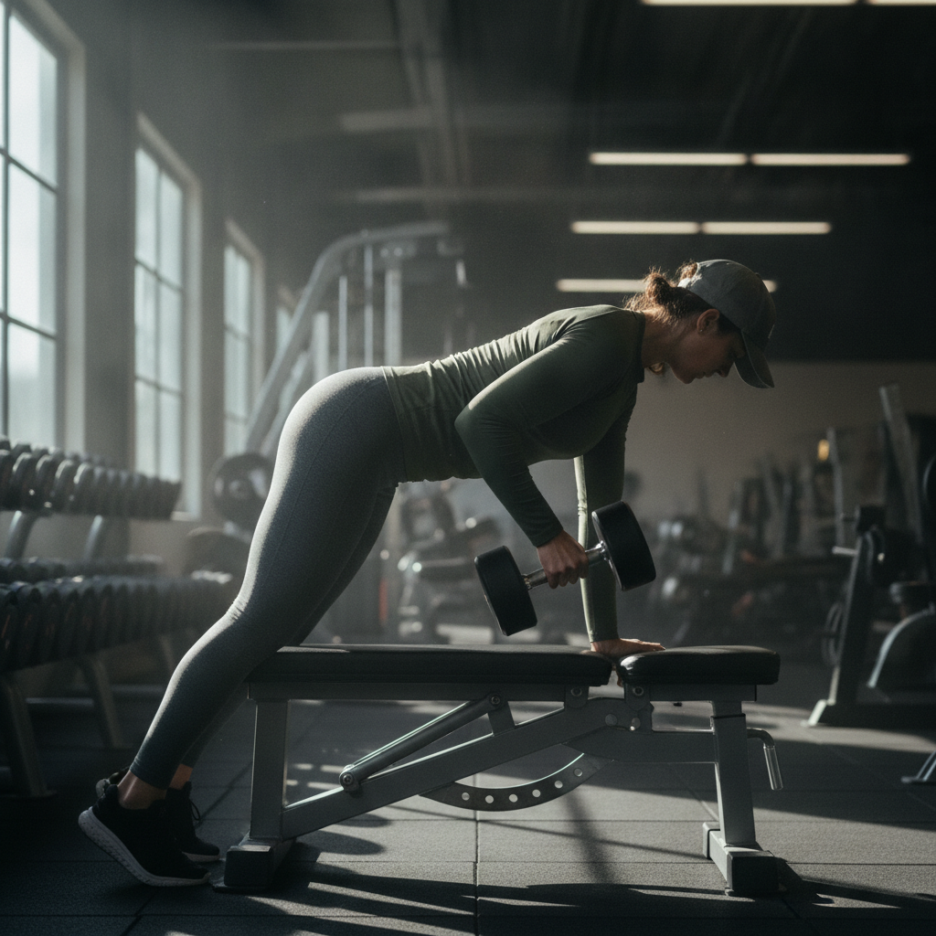 Persoon voert een dumbbell row uit met een rechte rug, licht voorovergebogen bij een bankje in een sportschool.