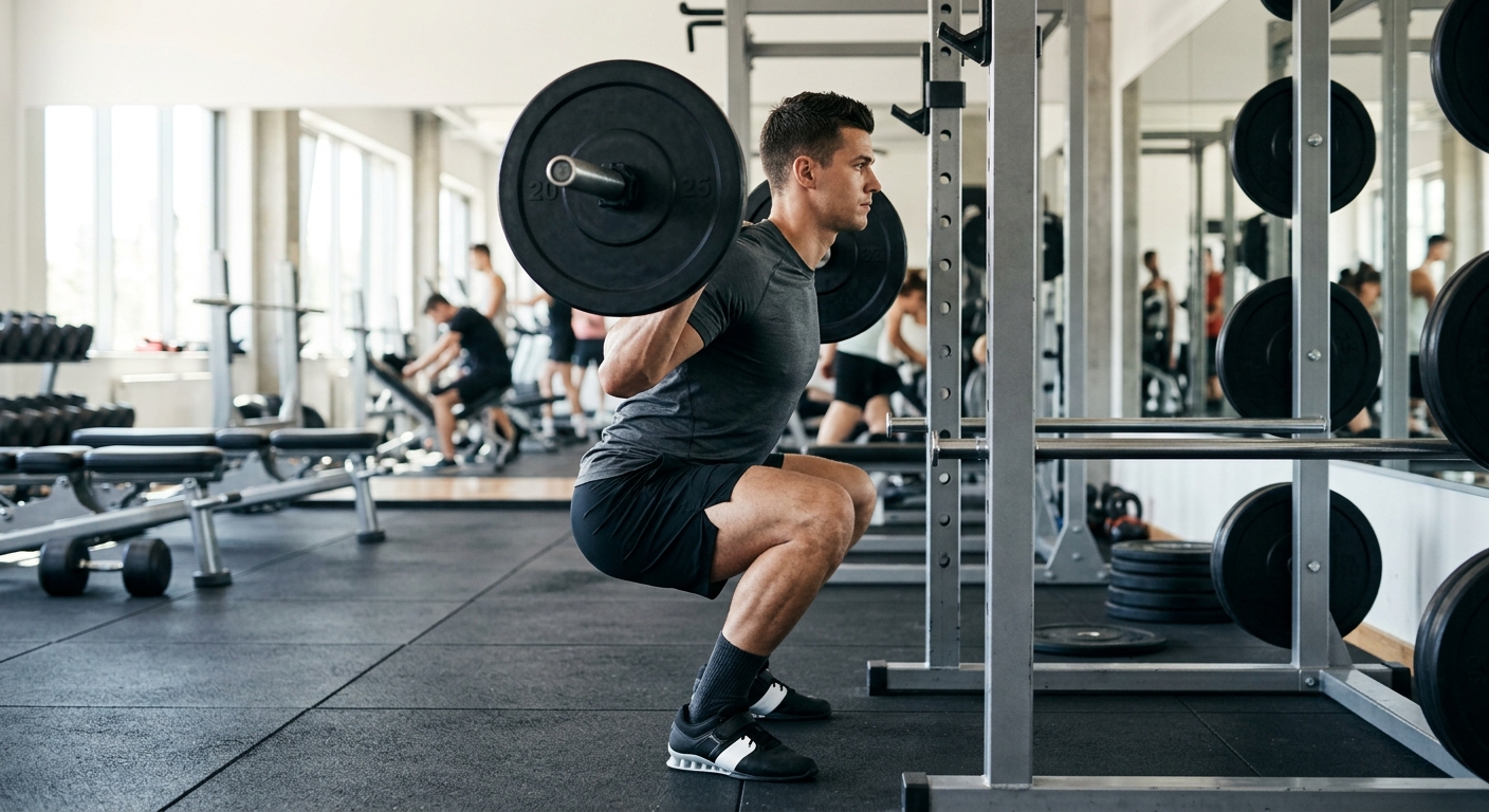 Een atleet voert een halteroefeningoefening uit met correcte lichaamspositie in een goed verlichte trainingsomgeving.