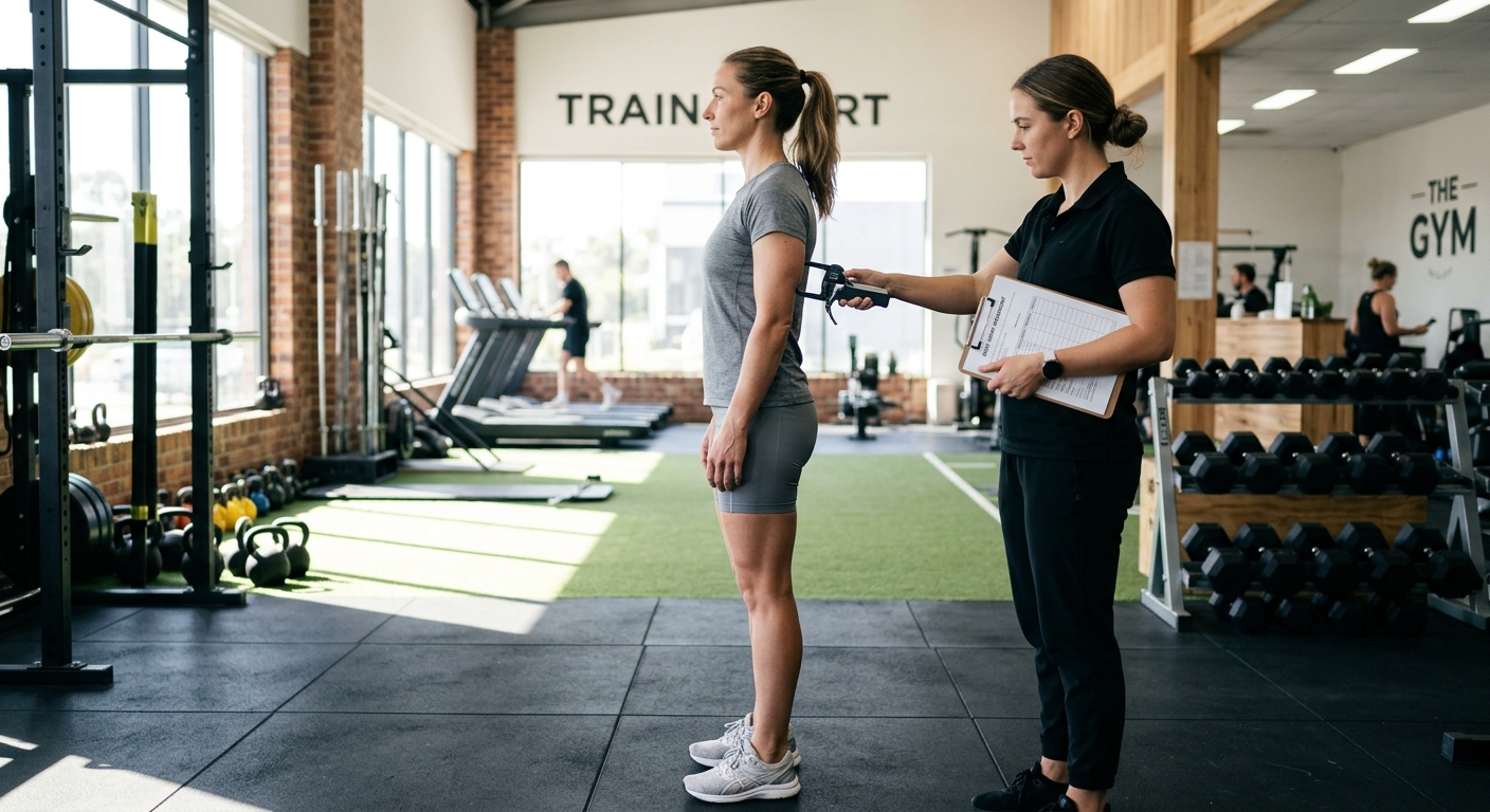 Atleet in sportkleding staat rechtop in een fitnessruimte met natuurlijk licht, gezien van opzij.