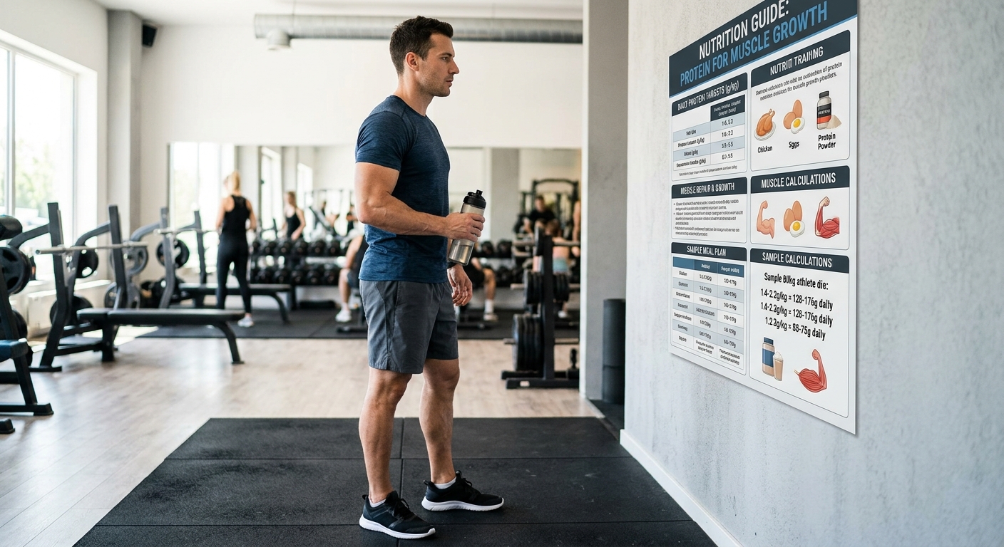 Man in sportkleding in fitnessruimte met voedingsschema voor eiwitberekening op de achtergrond.