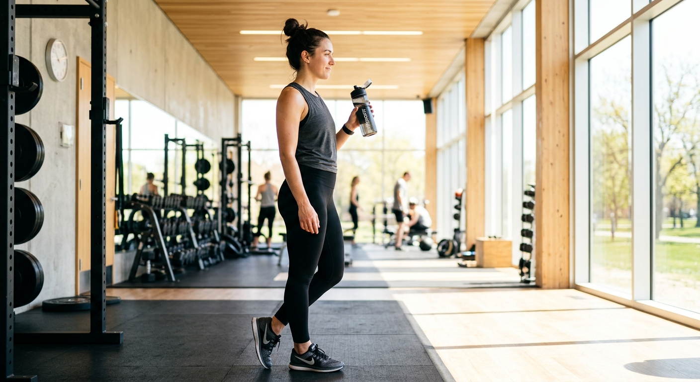 Persoon in sportkleding houdt een waterfles vast in een heldere trainingsruimte.