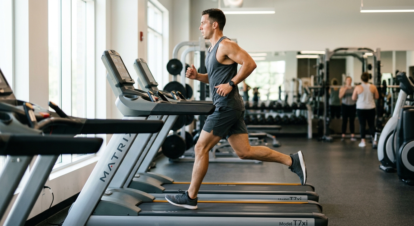 Sportievige persoon die op een loopband traint in een helder fitnesscentrum, gezien van opzij.