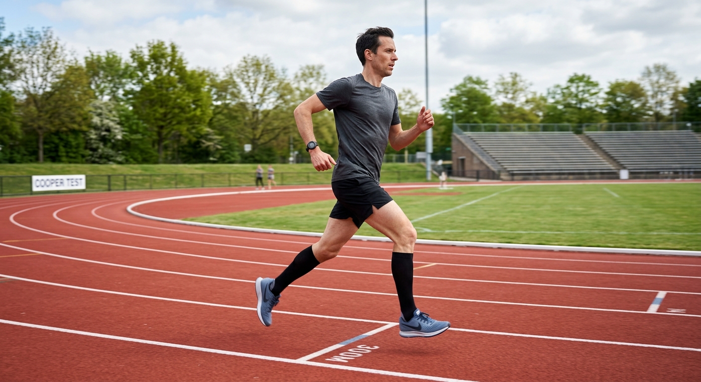 Hardloper in neutrale sportkleding loopt op een vlak terrein, gezien van opzij tijdens een ausdauertest.