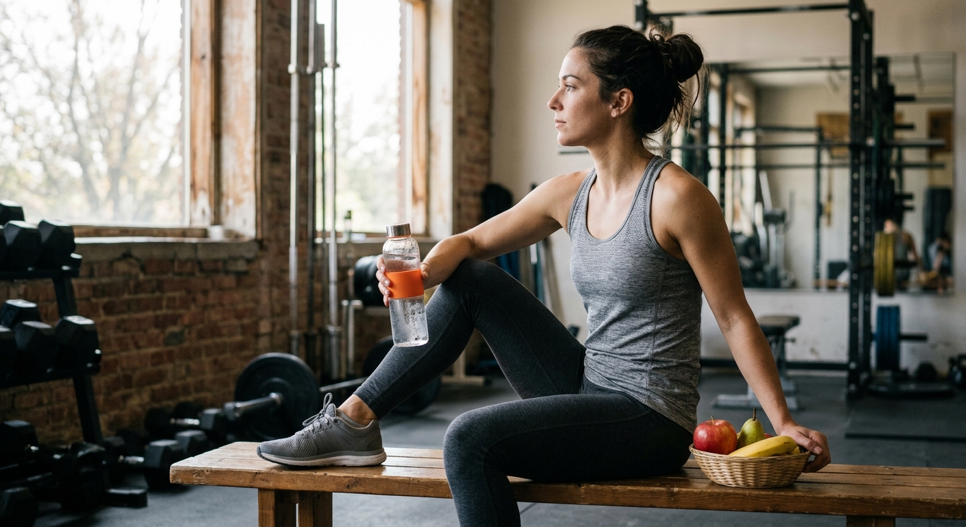 Atleet in sportkleding houdt fruit en water vast in een lichte gymruimte, gericht op voeding en herstel.