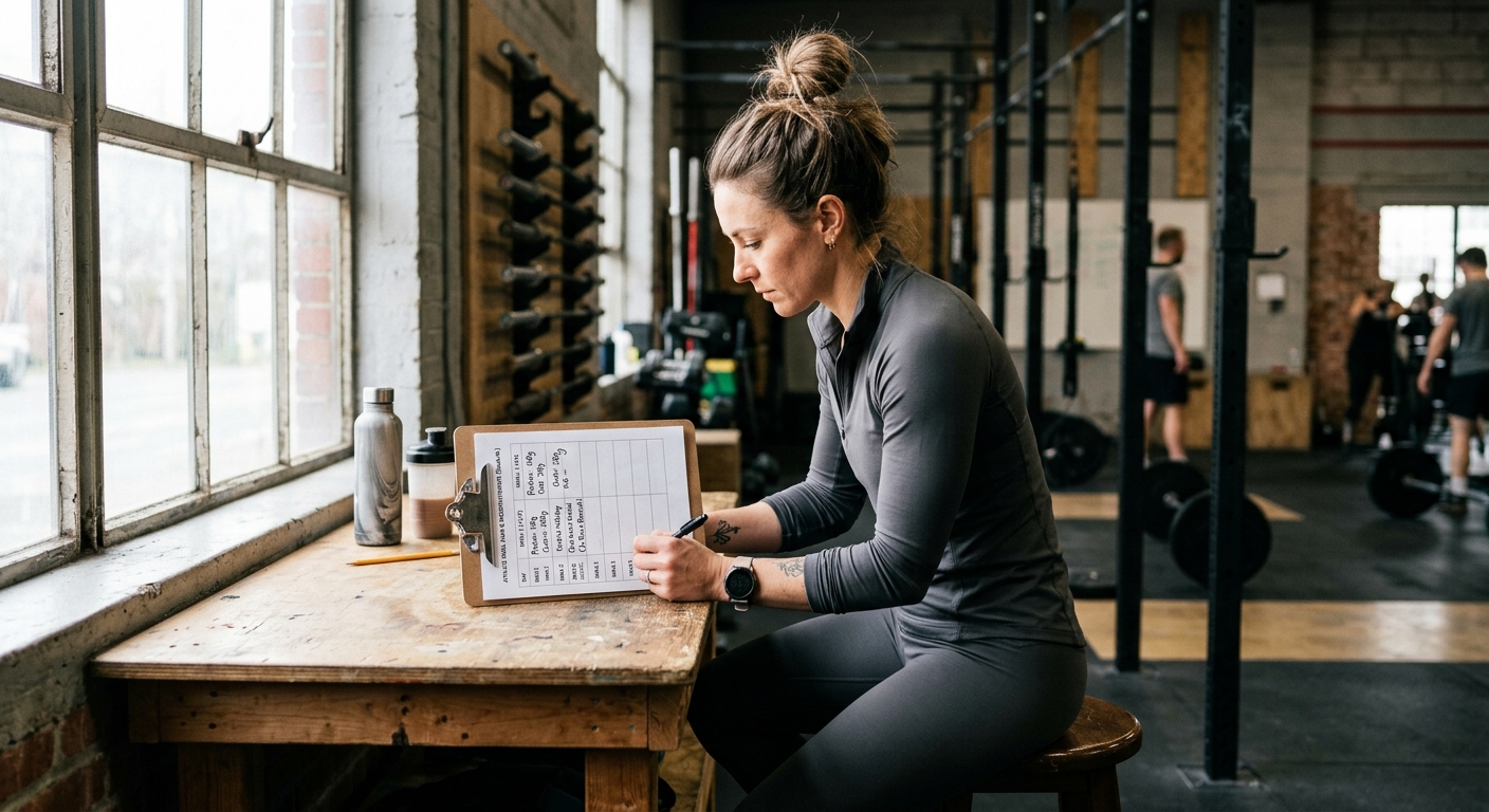 Sportief persoon maakt aantekeningen voor maaltijdplanning op een klembord in trainingsomgeving.