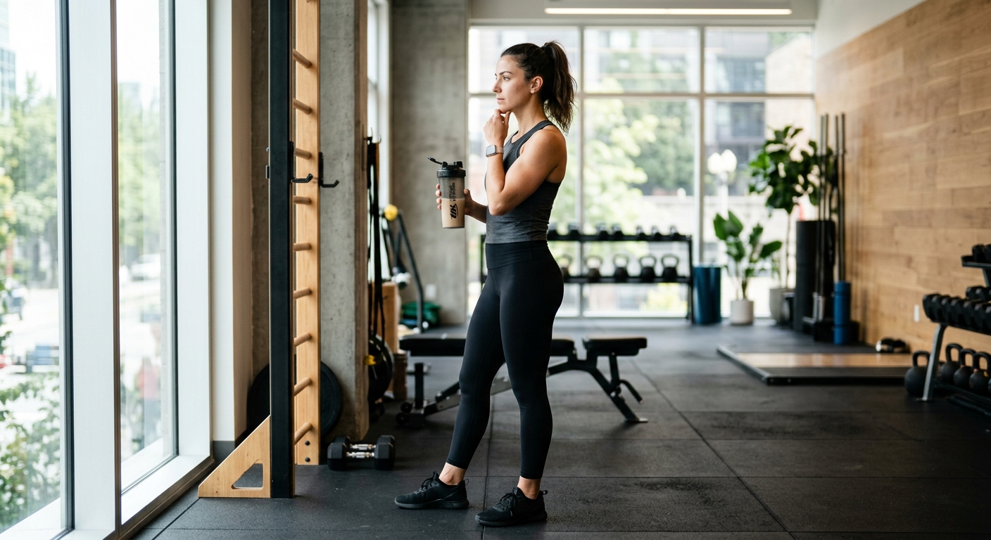 Sportpersoon in gymomgeving met eiwitdrank, illustrerend het belang van adequate eiwitinname voor trainingsrecuperatie.