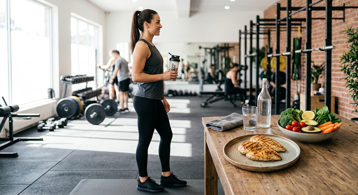 Sporter met eiwitshake in een trainingsruimte met gezonde eiwitrijke voedingsmiddelen op tafel.