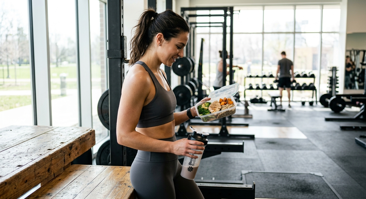 Persoon in sportkleding met eiwitshake en maaltijdbakjes met porties voedsel in een fitnessruimte.
