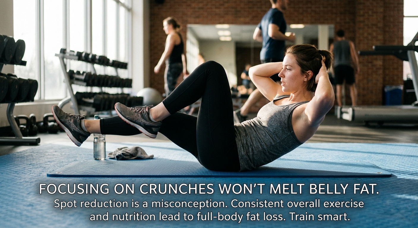 Persoon voert buikspiertraining uit op een fitnessmat in een sportomgeving met natuurlijk licht.