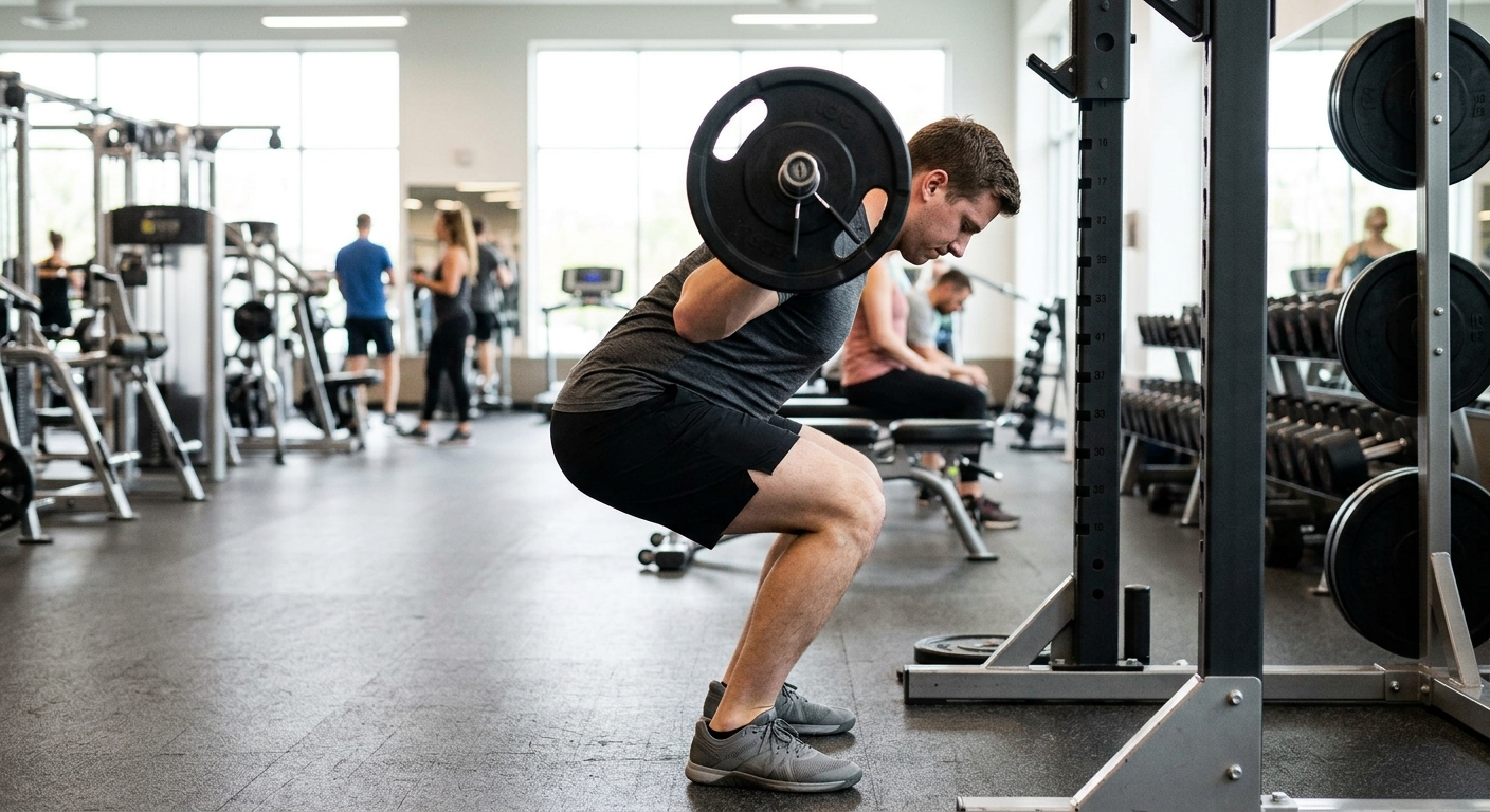 Sportief persoon in trainingszaal tijdens krachttraining met suboptimale lichaamspositie.
