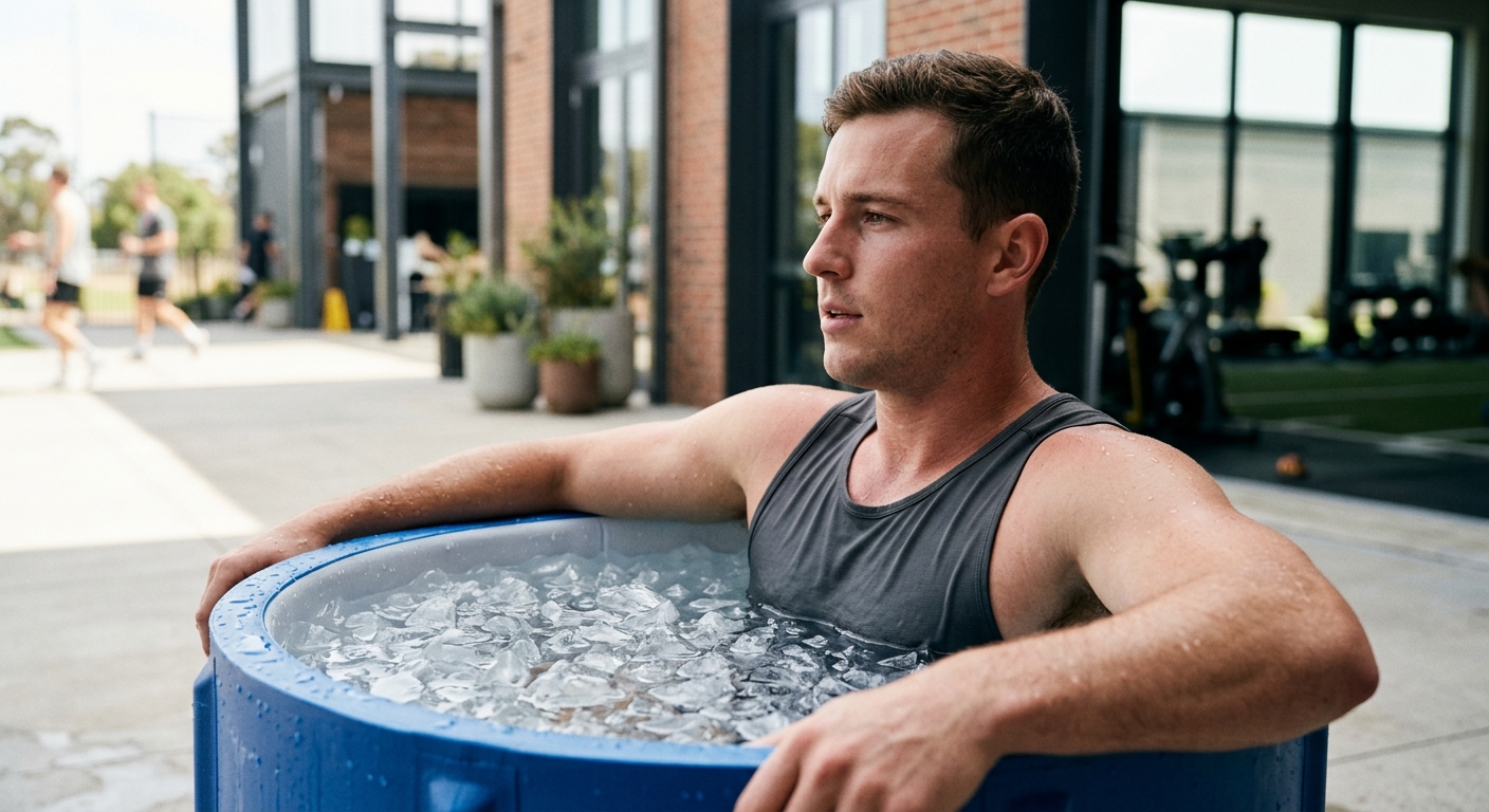 Persoon ondergaat ijsbadtherapie in een sportfaciliteit voor sneller herstel na training.
