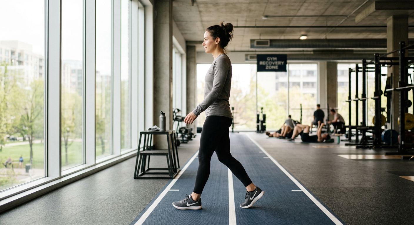 Iemand wandelt rustig door een verlichte sportruimte als vorm van actief herstel na training.
