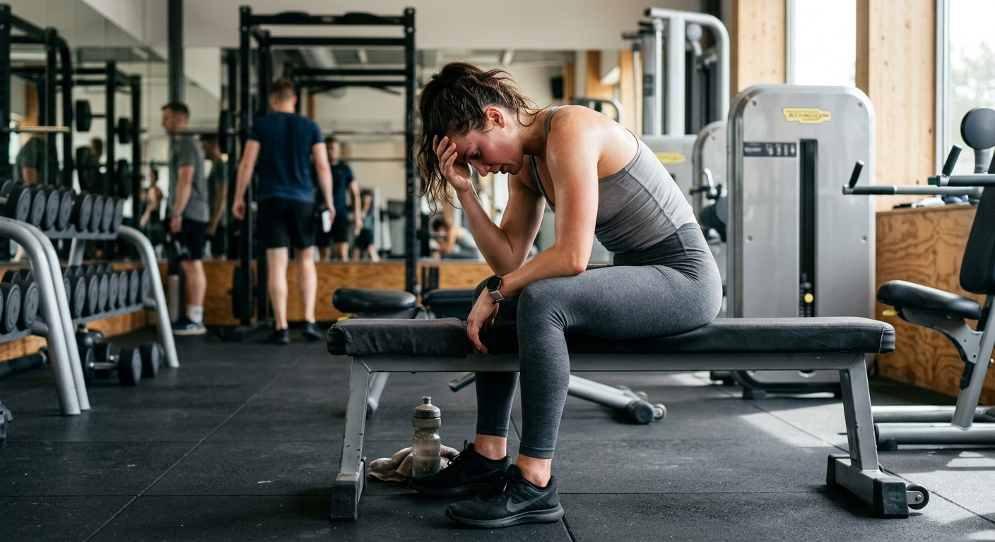 Uitgeputte sporter zit op een trainingsbank in een sportschool, met gebogen schouders na intensieve training.