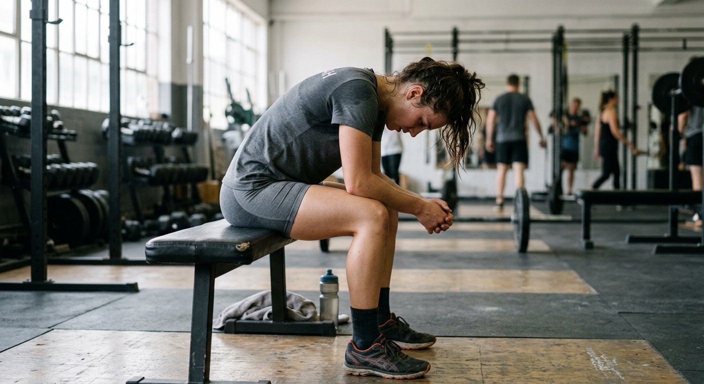 Uitgeputte sporter zit op een trainingsbank met hangende schouders en gebogen hoofd, uitdrukking van vermoeidheid na intensie