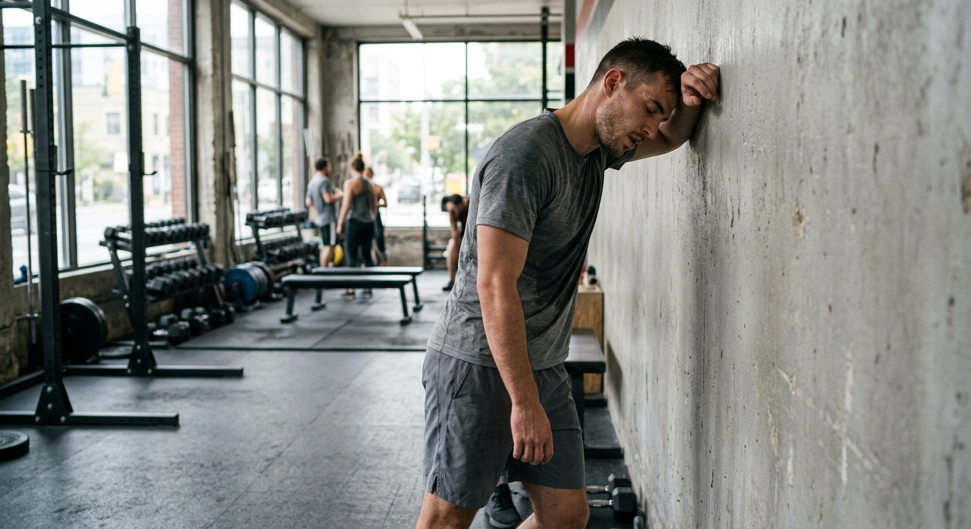 Vermoeide sporter leunt tegen de muur van een gym, met hangende schouders en gesloten ogen.