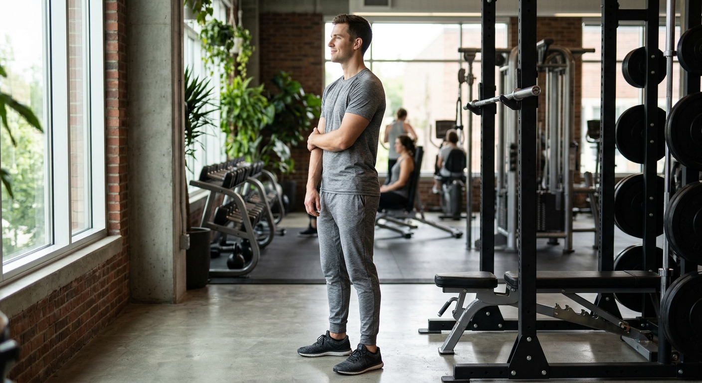 Persoon in sportkleding staat ontspannen in een trainingsruimte, met een herstelfocus na training.