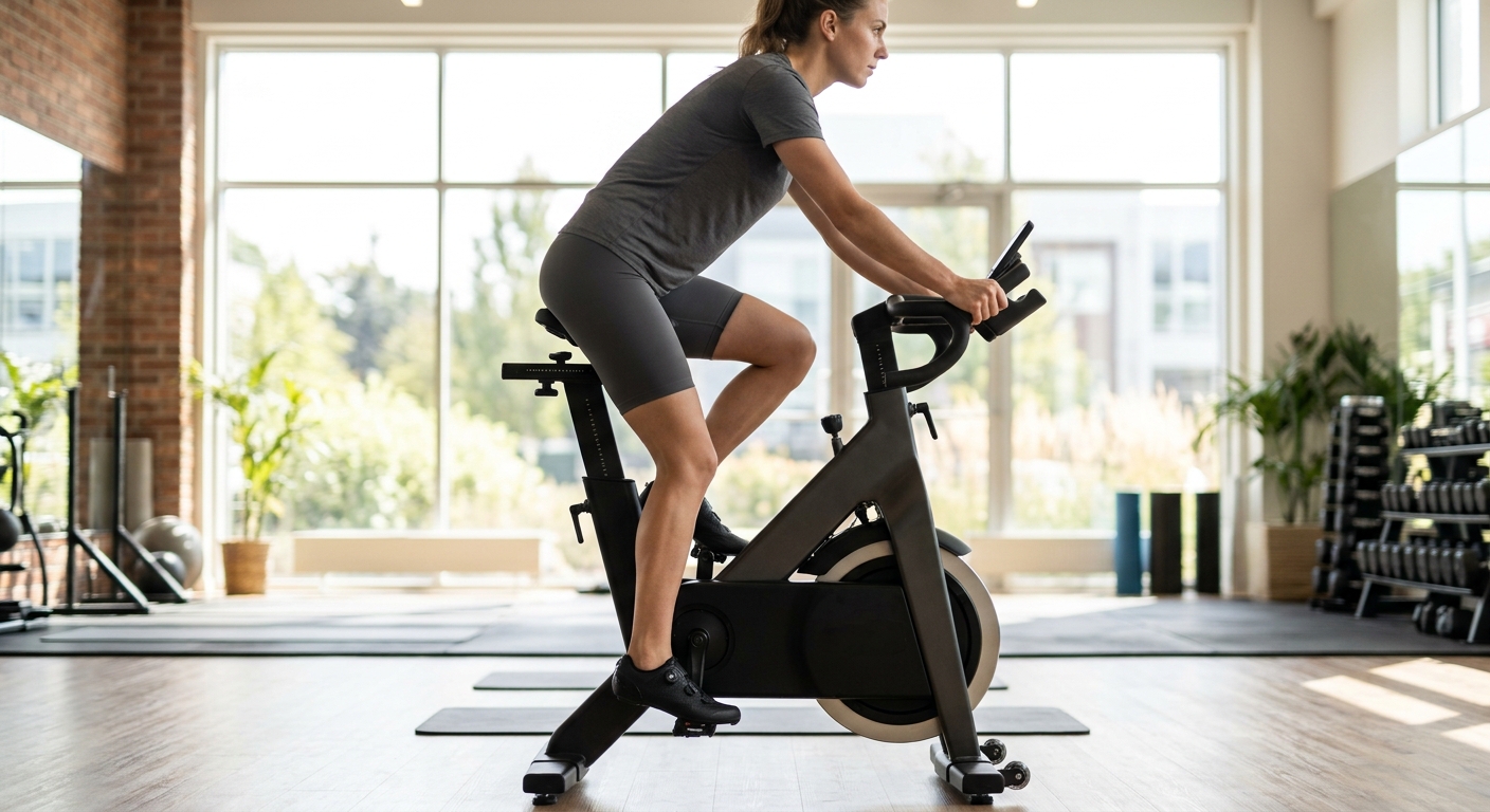 Fietser op hometrainer van opzij met correct ingestelde zadelhoogte en optimale kniehoek tijdens trapbeweging.