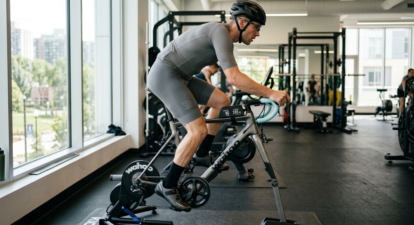 Wielrenner op hometrainer van opzij, handen op stuur, in concentratie tijdens training met verschillende trapfrequentie.