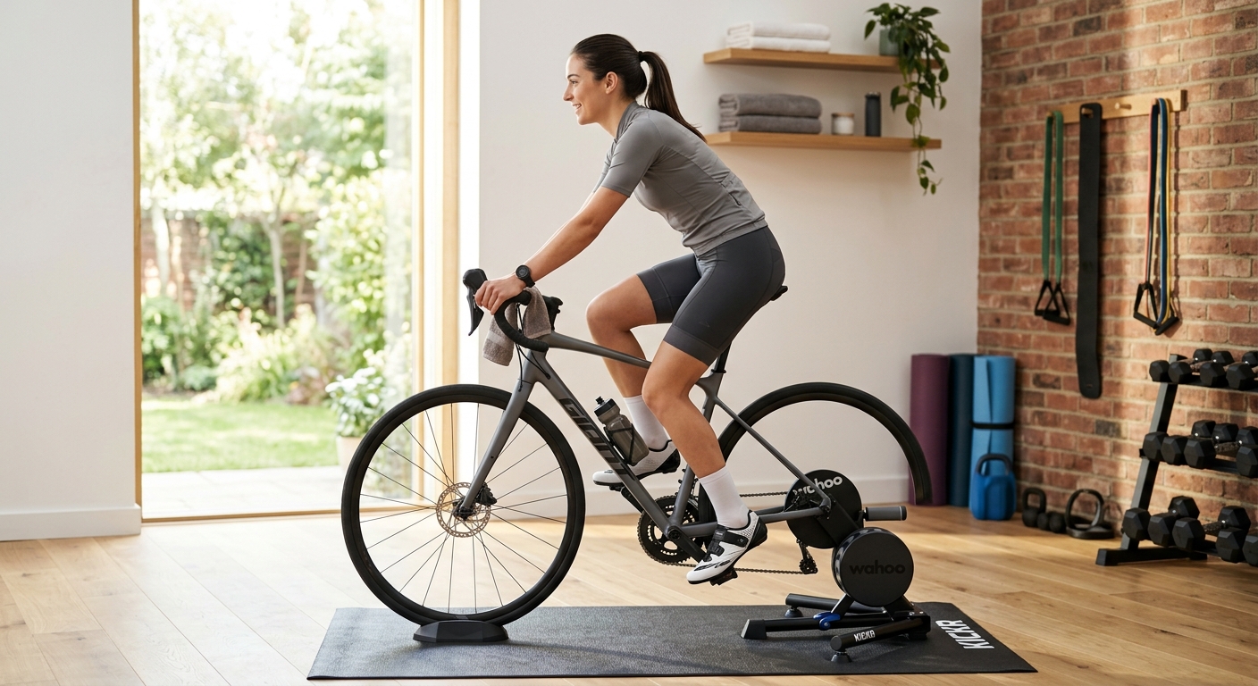 Beginnende fietser zit rechtop op een hometrainer en voert een voorzichtige warming-up uit in een licht thuisgym.