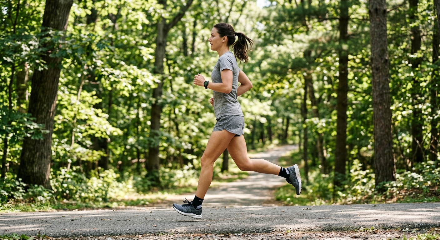 Loopster in neutrale sportkleding joggt op een zonnige buitenroute, gezien van opzij tijdens het hardlopen.