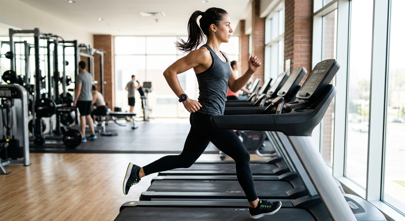 Atleet in sportkleding joggt in gymruimte met hartslagmonitor zichtbaar om de pols.