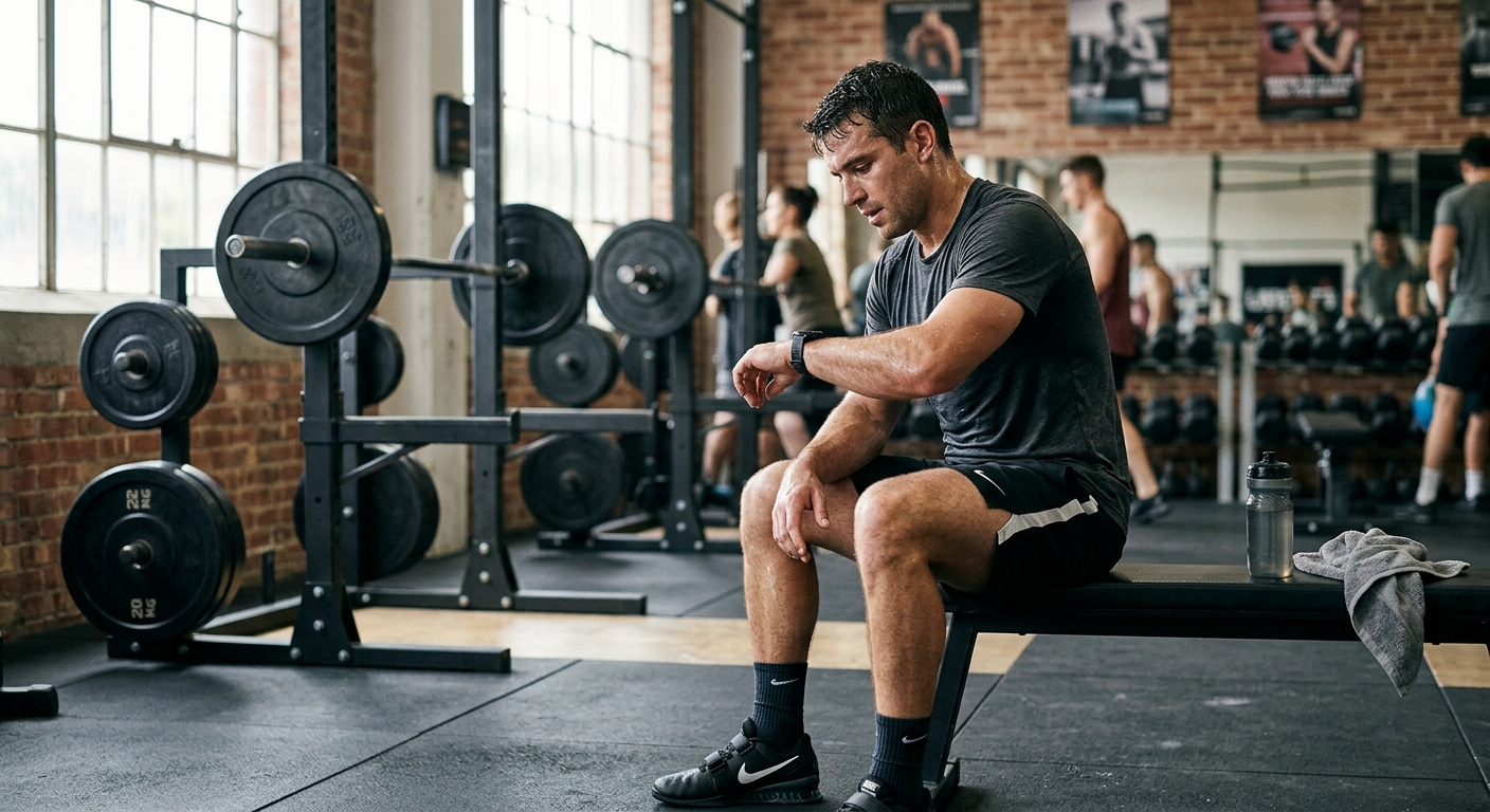 Atleet in sportkleding controleert zijn hartslag op een smartwatch na zware krachttraining in een gym.