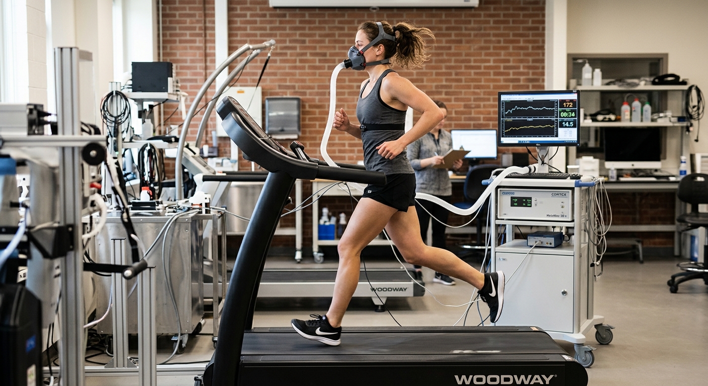 Persoon op loopband met ademhalingsmasker voor VO2-max meting in sportlaboratorium.