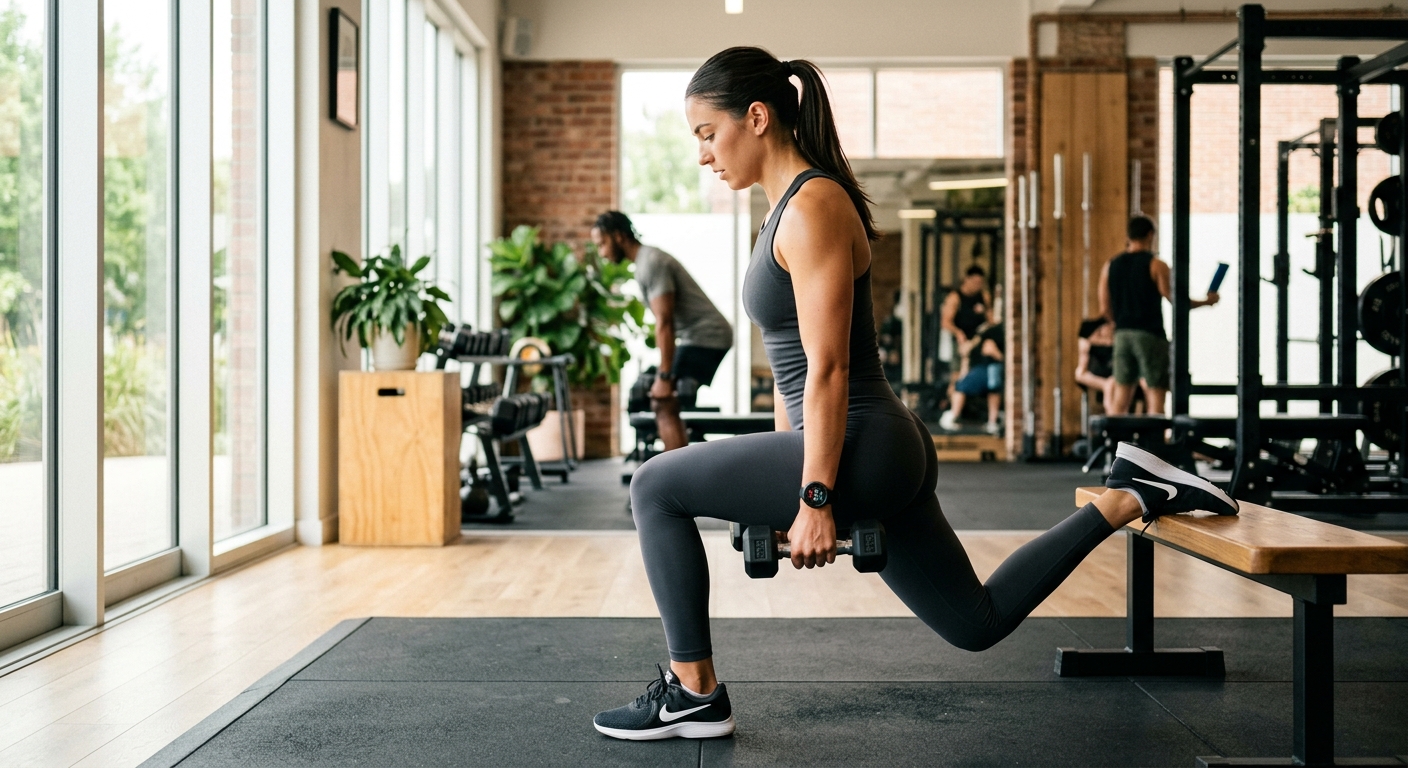 Persoon tijdens training met hartslagmeter om de pols, natuurlijk licht in sportruimte.