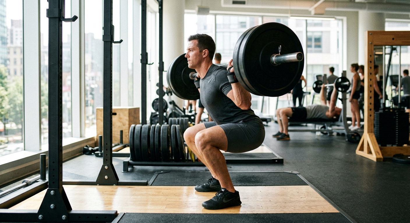 Man voert zware barbell squat uit in sportschool met natuurlijk licht, gezien vanaf de zijkant.