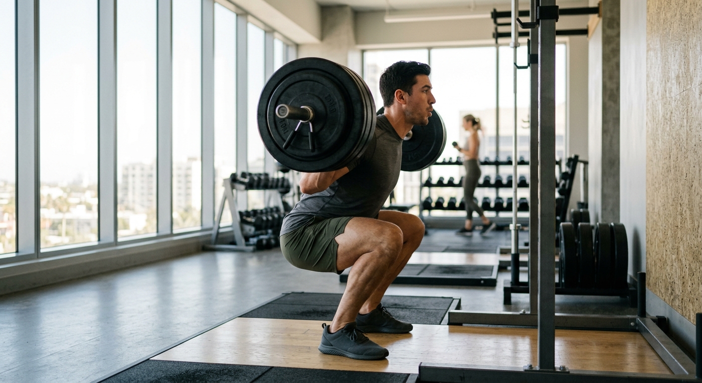 Persoon voert een haltertraining uit met gefocuste houding in een helder trainingsruimte.