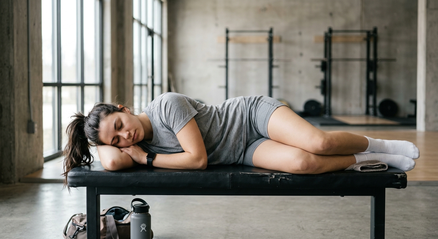 Uitgeputte sporter slaapt op een trainingsbank in een sporthal met natuurlijk licht.