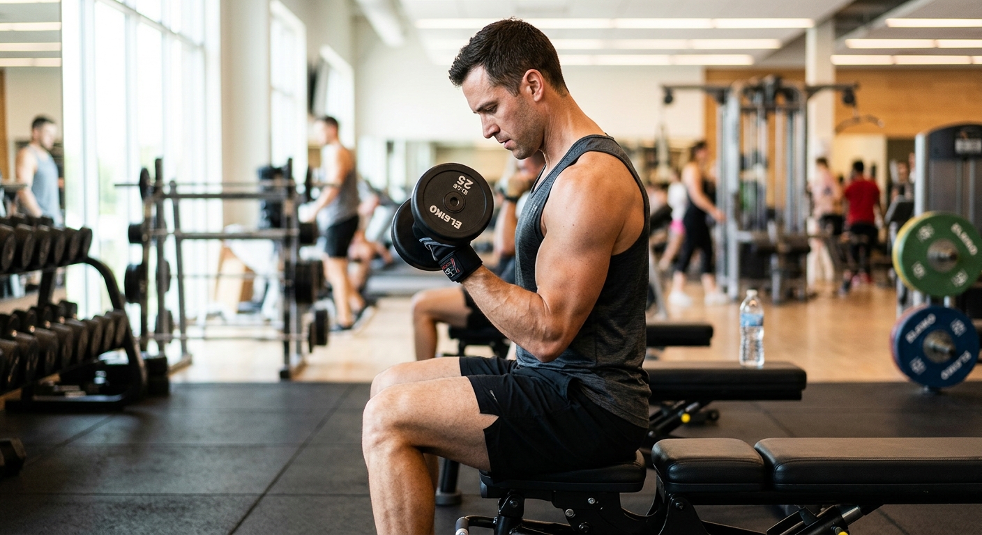 Atleet voert bicep curl uit met dumbbell, concentratie op spieractivatie tijdens isolatieoefen.