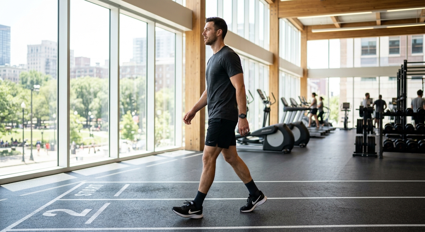 Een man loopt rustig in een sporthal na intensieve training, zijn hartslag en ademhaling kalmeren geleidelijk af.