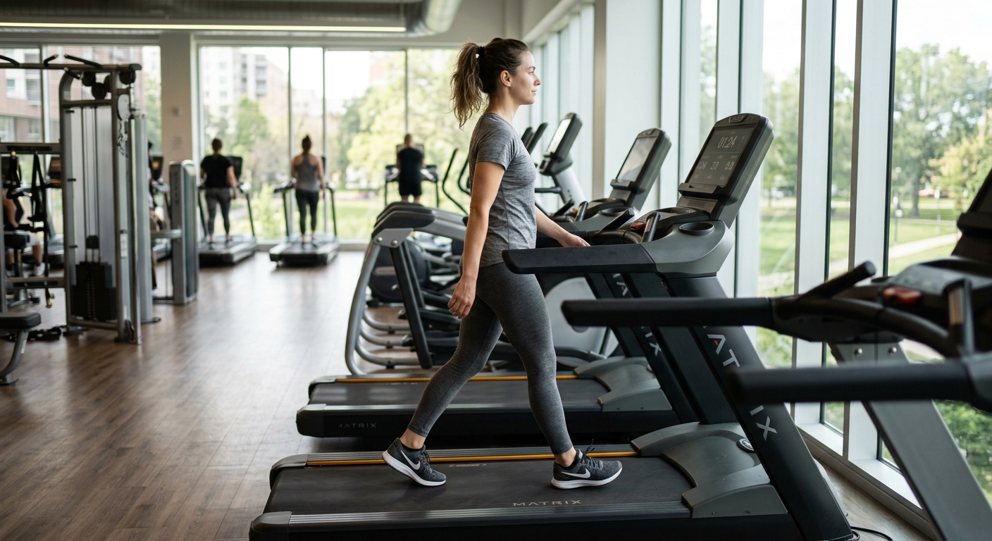 Een persoon loopt in rustig tempo op een loopband in een heldere sportruimte als onderdeel van de cooling down fase.