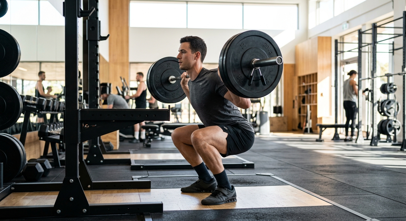 Een persoon voert een squat uit met een halter op de schouders in een sportschool met natuurlijk licht.