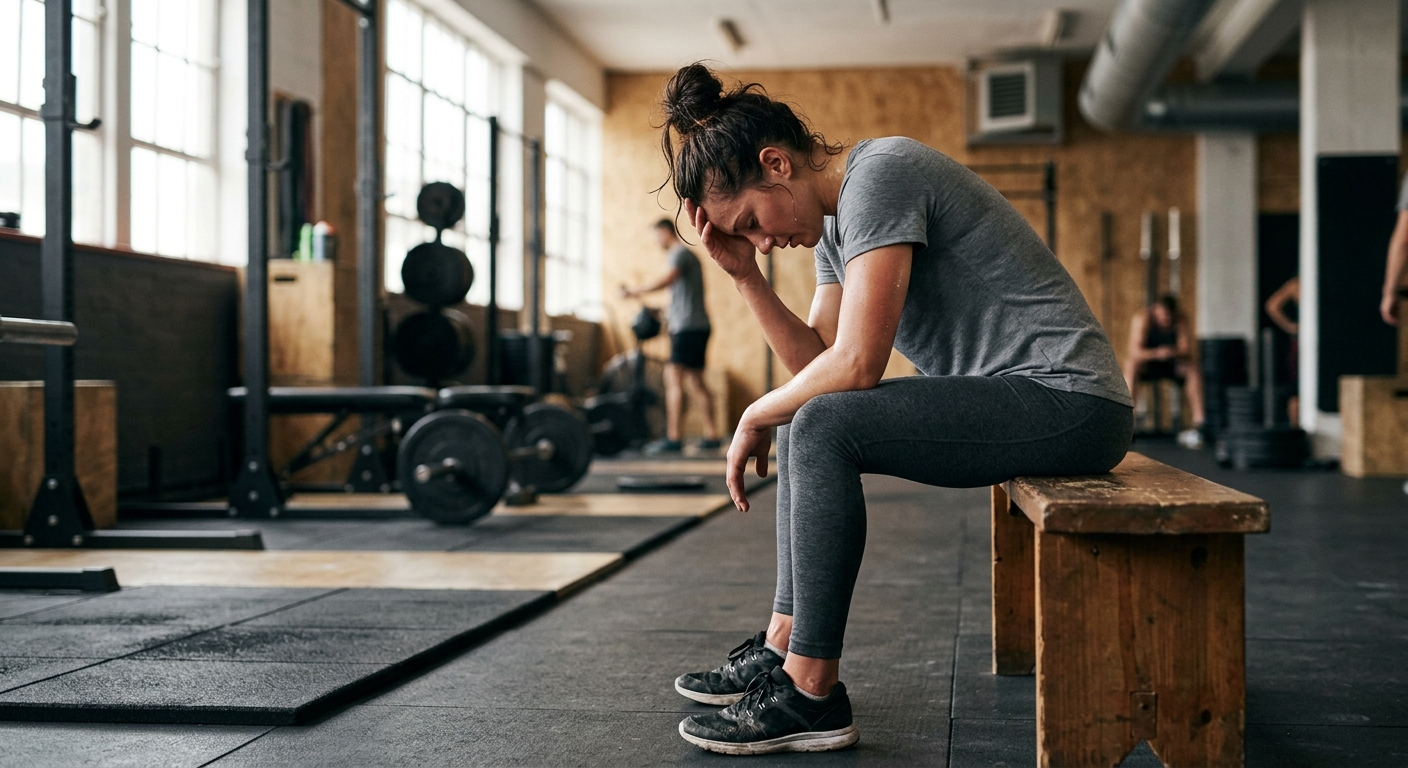 Uitgeputte sporter zit op een bankje in de sportschool, met gebogen hoofd en afhangende schouders.