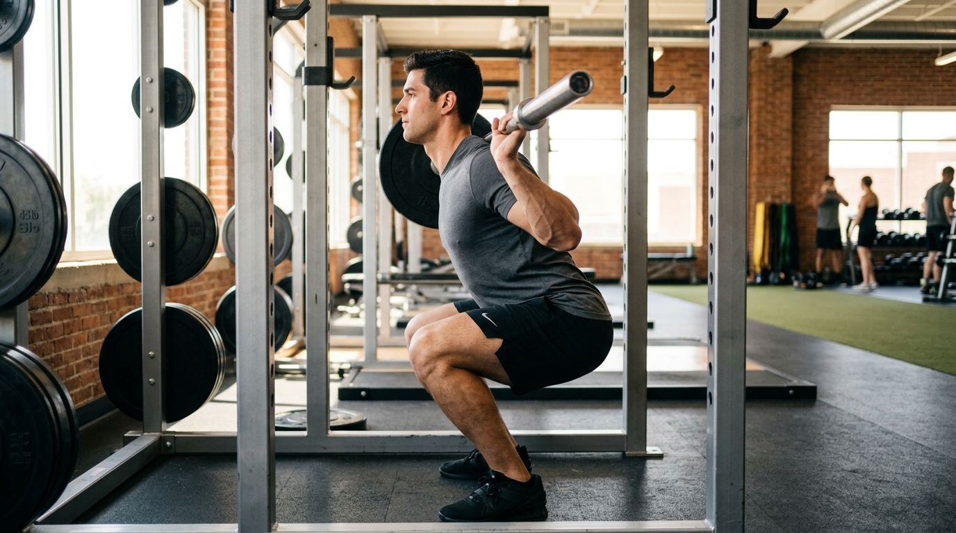 Sporter voert barbelloefening uit in fitnessruimte met natuurlijk licht, gezien van opzij.