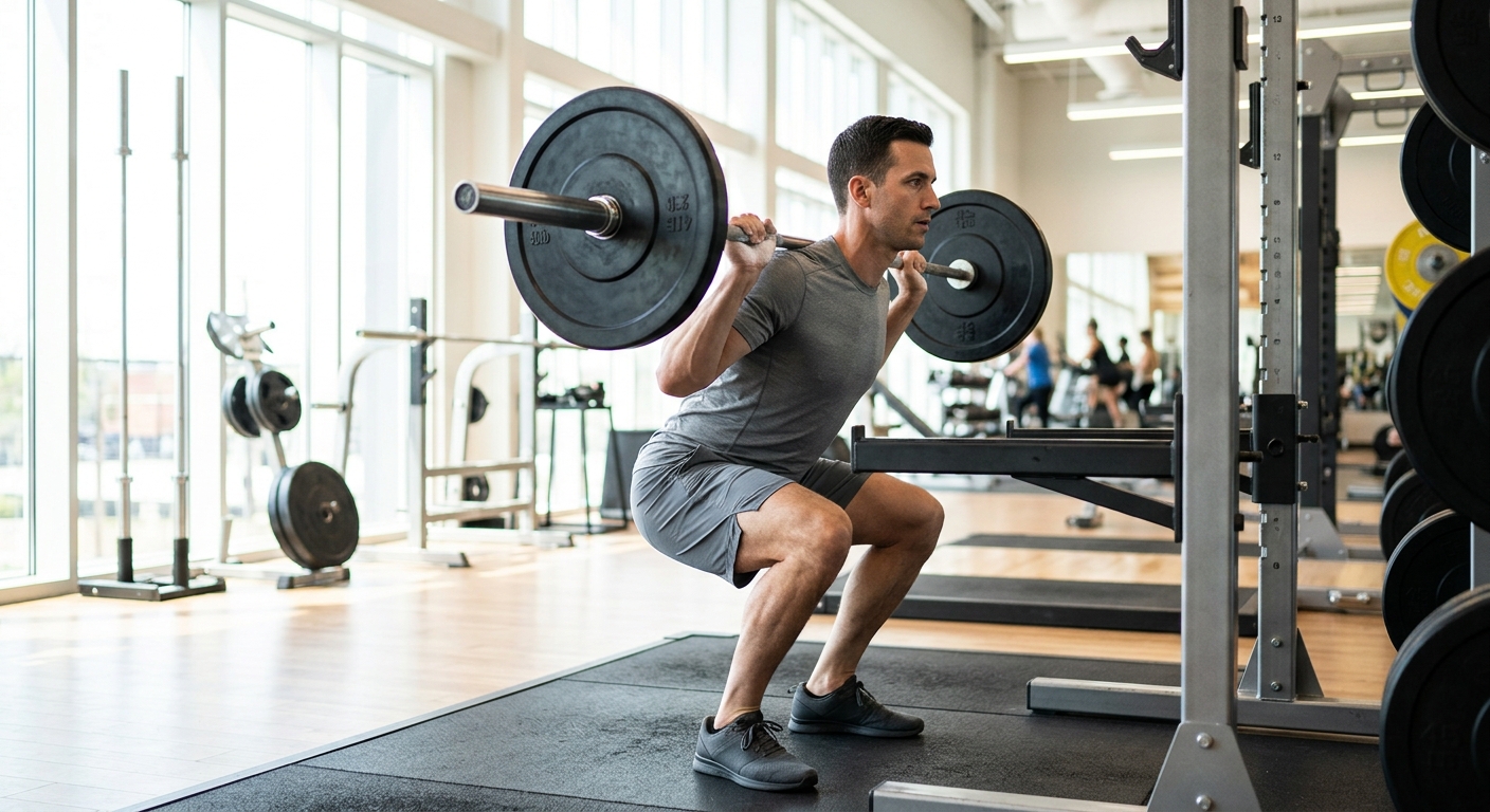 Sporter voert barbell-oefening uit in sportschool met natuurlijk licht, zijkant gefotografeerd.