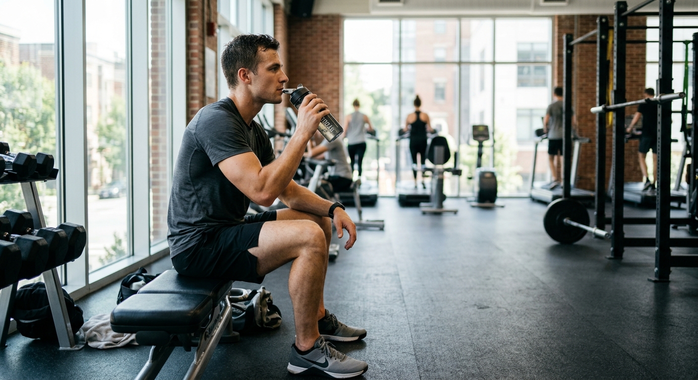 Atleet in trainingspak rust uit tussen oefeningen in een heldere gymruimte met natuurlijk licht.