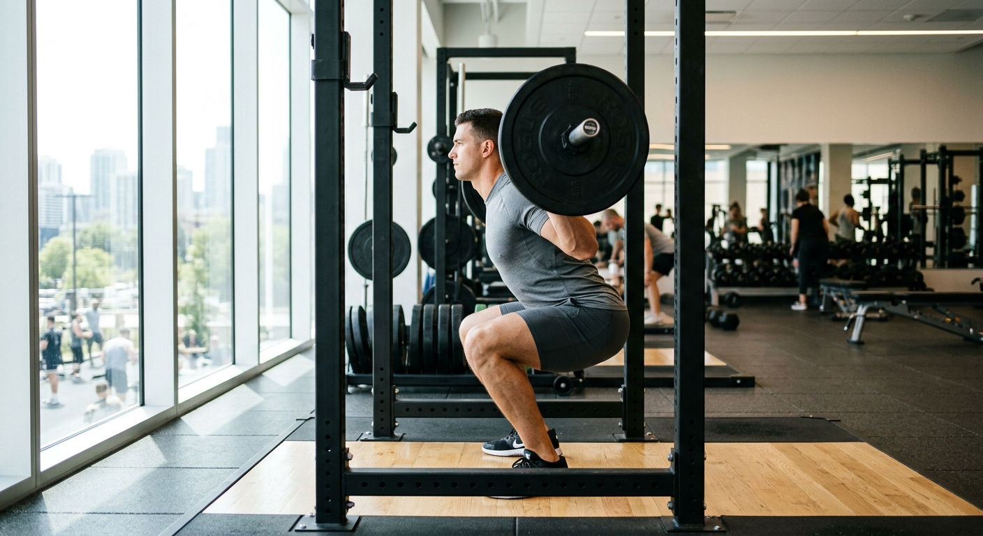 Sporter voert een back squat uit met een halter, gezien van opzij in een sportschool met natuurlijk licht.