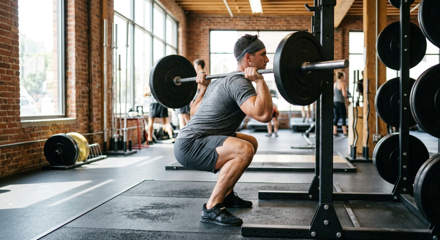 Persoon voert een squat uit met een halter, gezien vanaf de zijkant in een heldere trainingszaal.