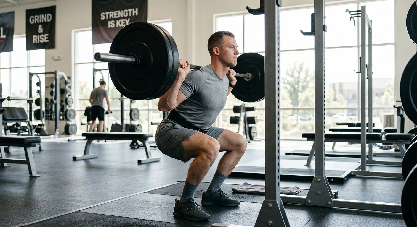 Sporter voert barbell squats uit in een trainingsruimte met natuurlijk licht, geconcentreerd op correcte techniek.