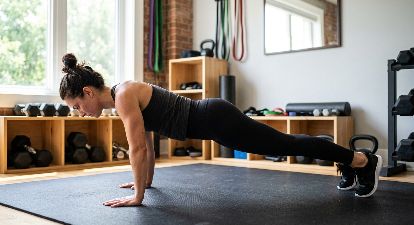 Persoon in plankhoudinghouding die een push-up uitvoert in een huisgymnastiek, zijwaarts geïllustreerd.