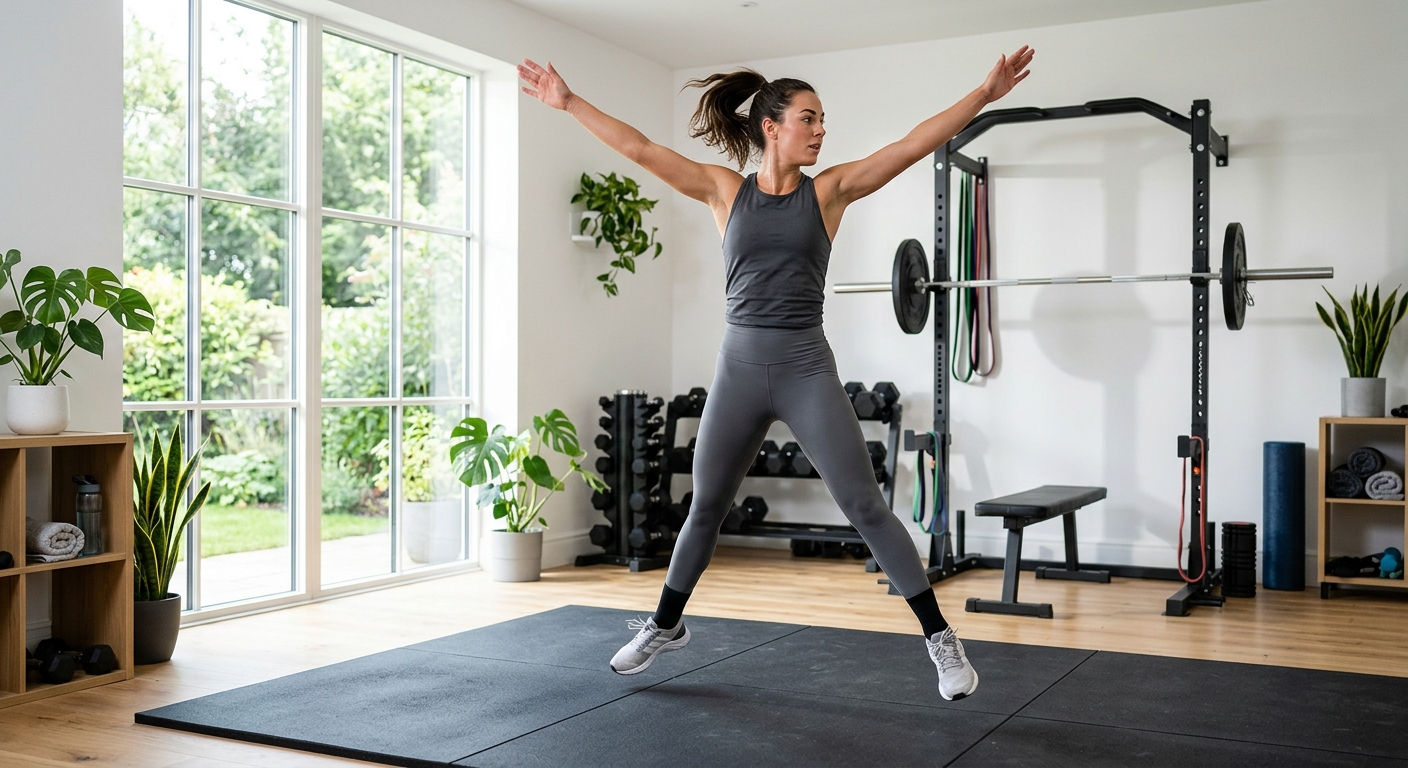 Persoon voert jumping jacks uit in een huiskamer als onderdeel van de warming-up vóór krachttraining.