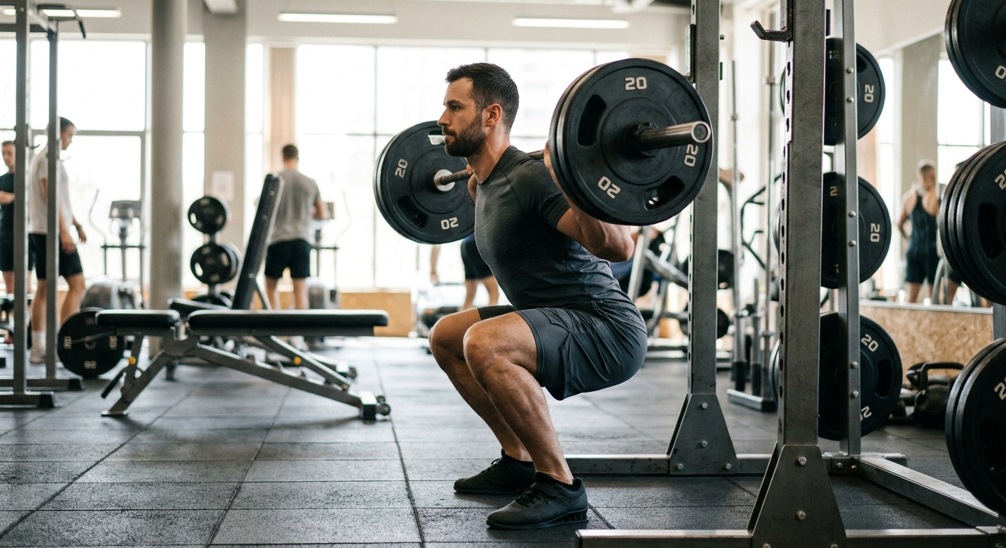 Ervaren sporter voert een squat uit met correcte houding en techniek in een heldere trainingsomgeving.