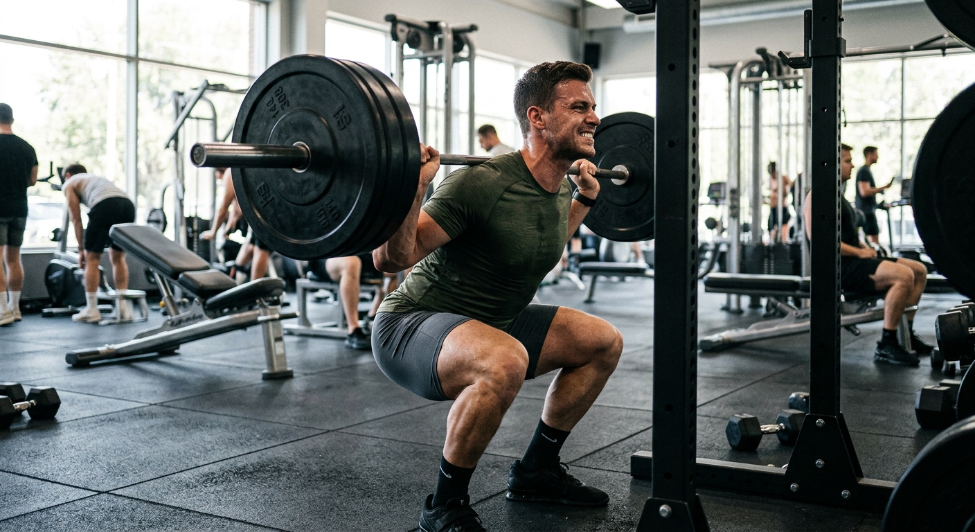 Ervaren sporter voert zware compound oefening uit in fitnessruimte met natuurlijk licht.