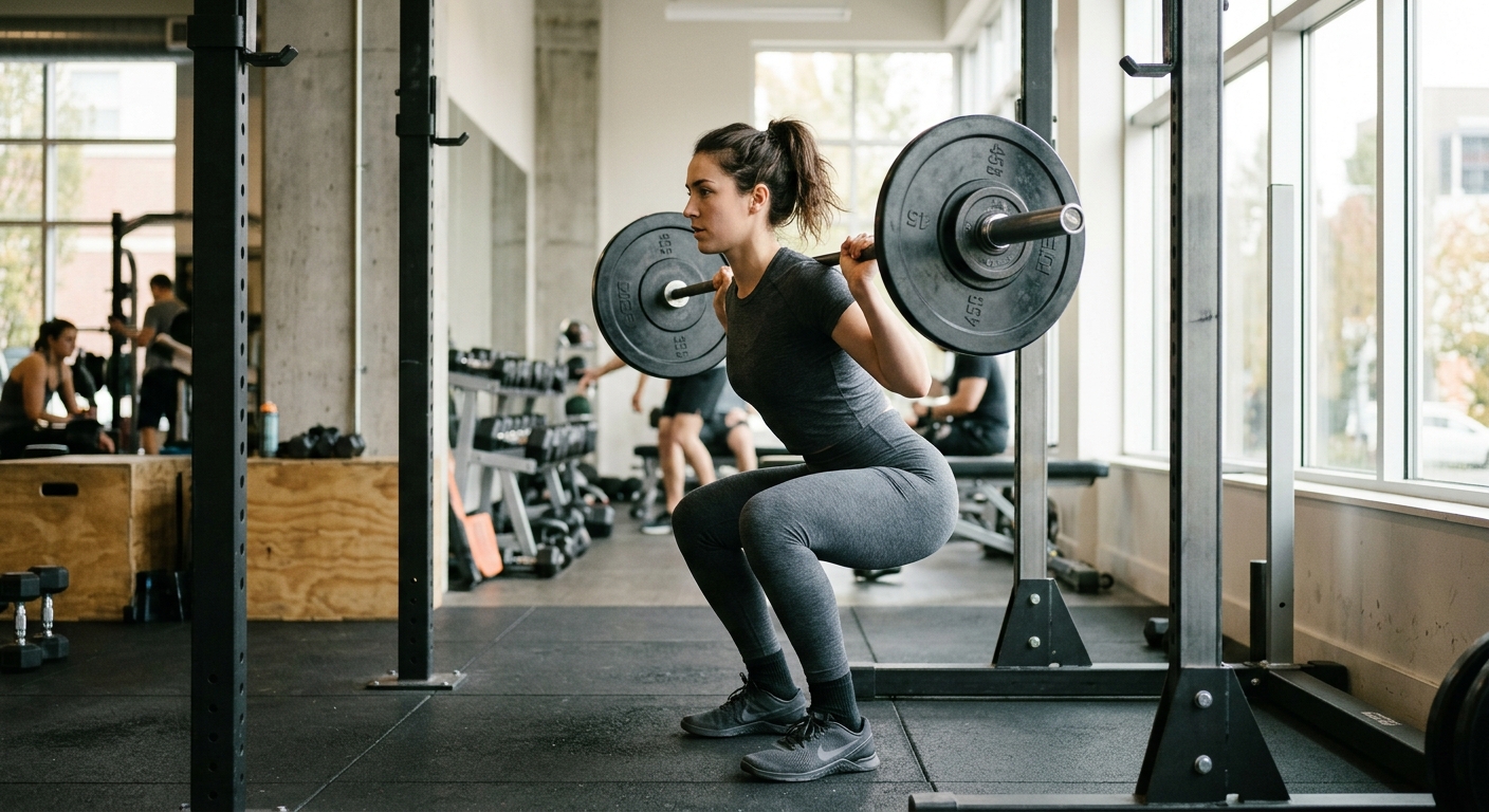 Persoon voert squatbeweging uit met barbell in sportschool met natuurlijk licht, gezien vanaf de zijkant.