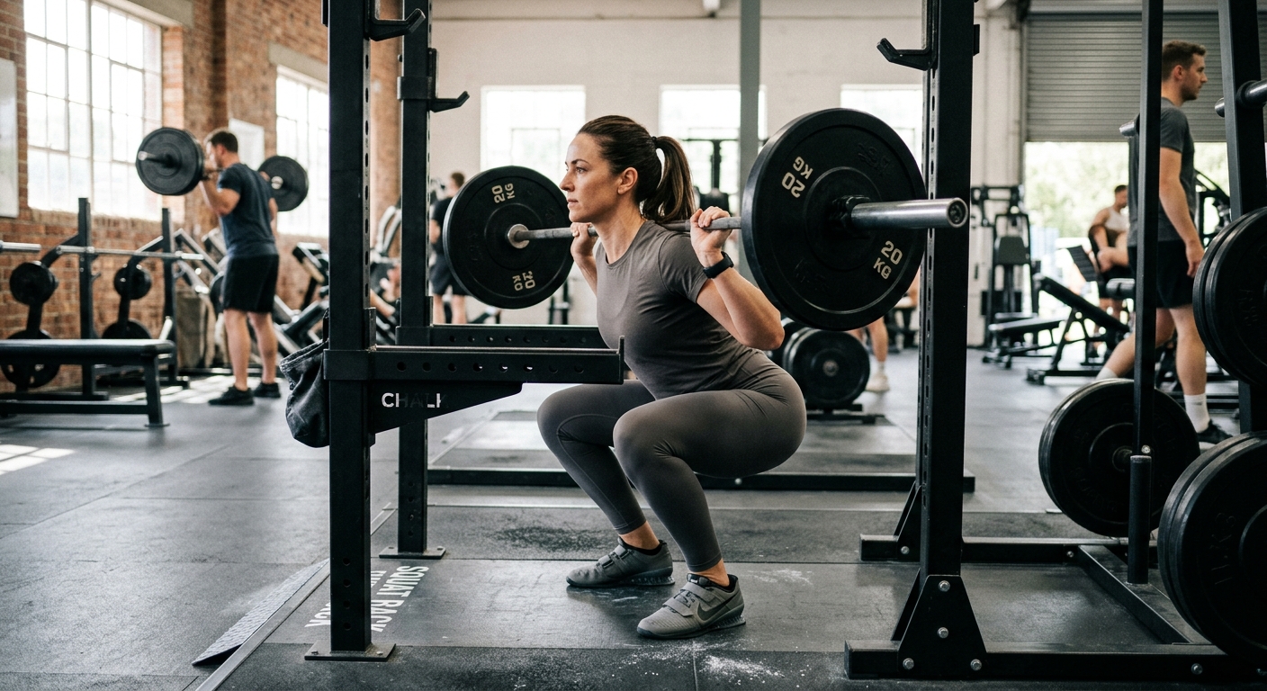 Atleet voert squatoefening uit in fitnessruimte met natuurlijk licht, neutrale sportkleding, demonstratie van correct uitgevo